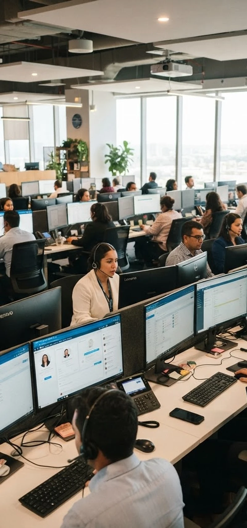 Customer support team working at a modern BPO call center