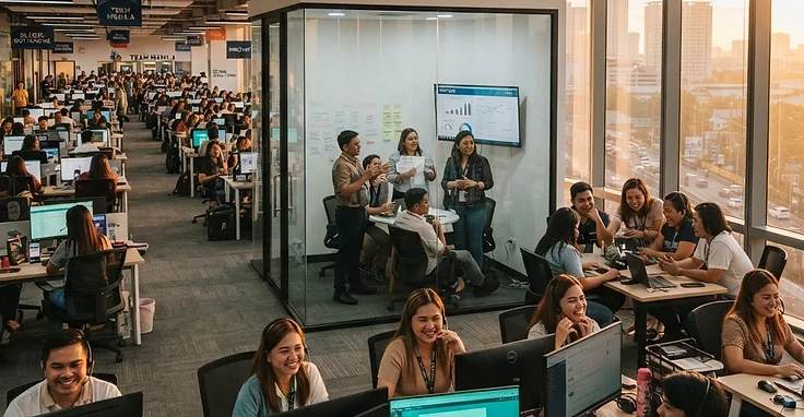 Global BPO call center floor at golden hour with collaborating teams