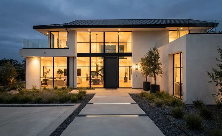 Modern custom home at dusk with warm glowing windows