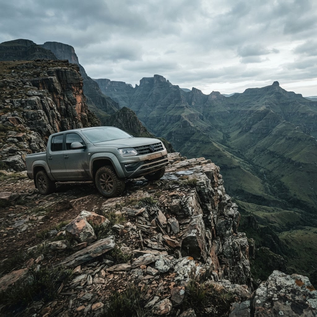 VW Amarok on a Drakensberg cliffside at dawn