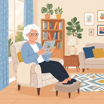 Illustration of a happy senior woman using a tablet computer at home