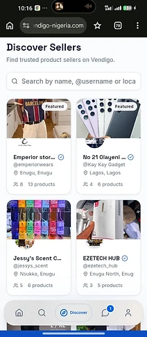 Vendigo Discover Sellers screen