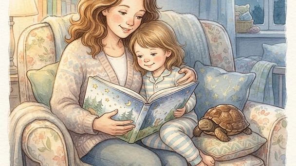 A parent and child sharing a storybook together