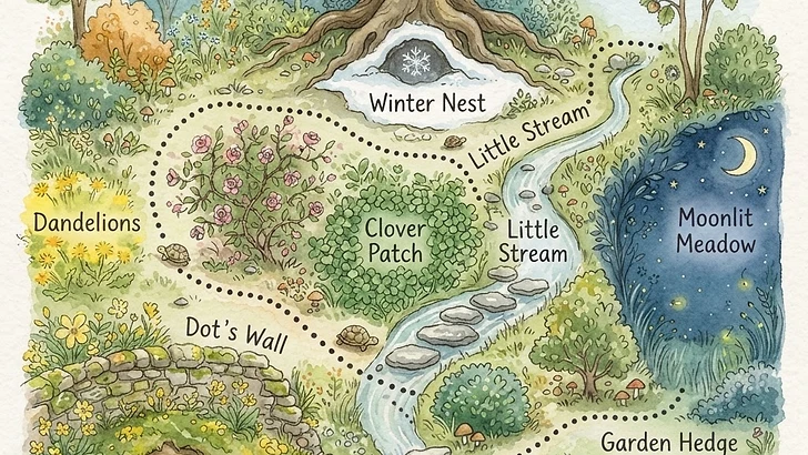 Illustrated garden map of all the places in Freddie and OJ's stories