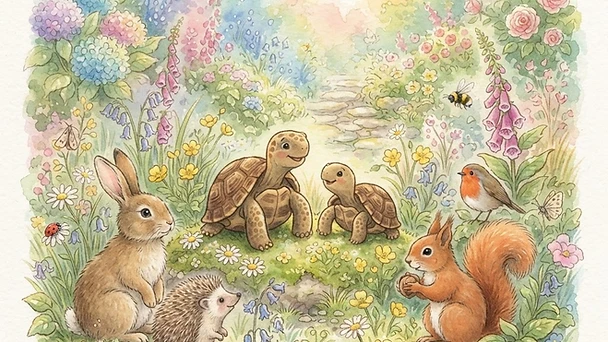 Freddie and OJ the tortoises with their garden friends