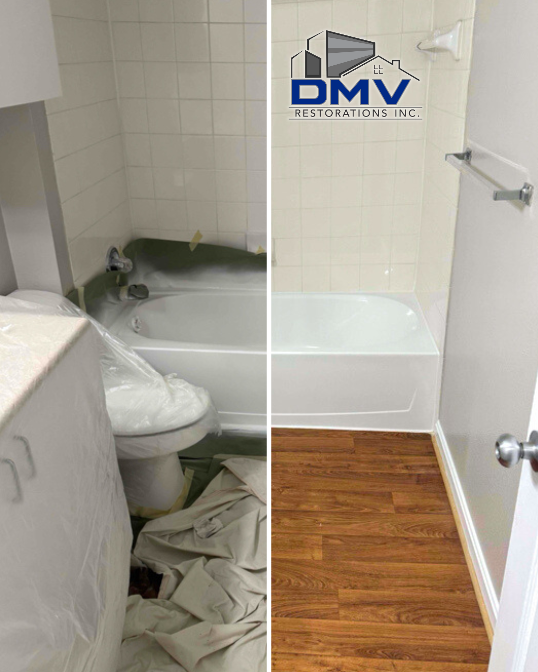 Bathroom tub reglazing before and after with masking removed