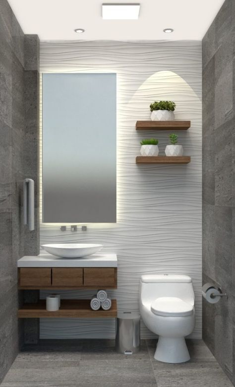 Floating wood vanity with vessel sink, wave-tile wall and plant shelves