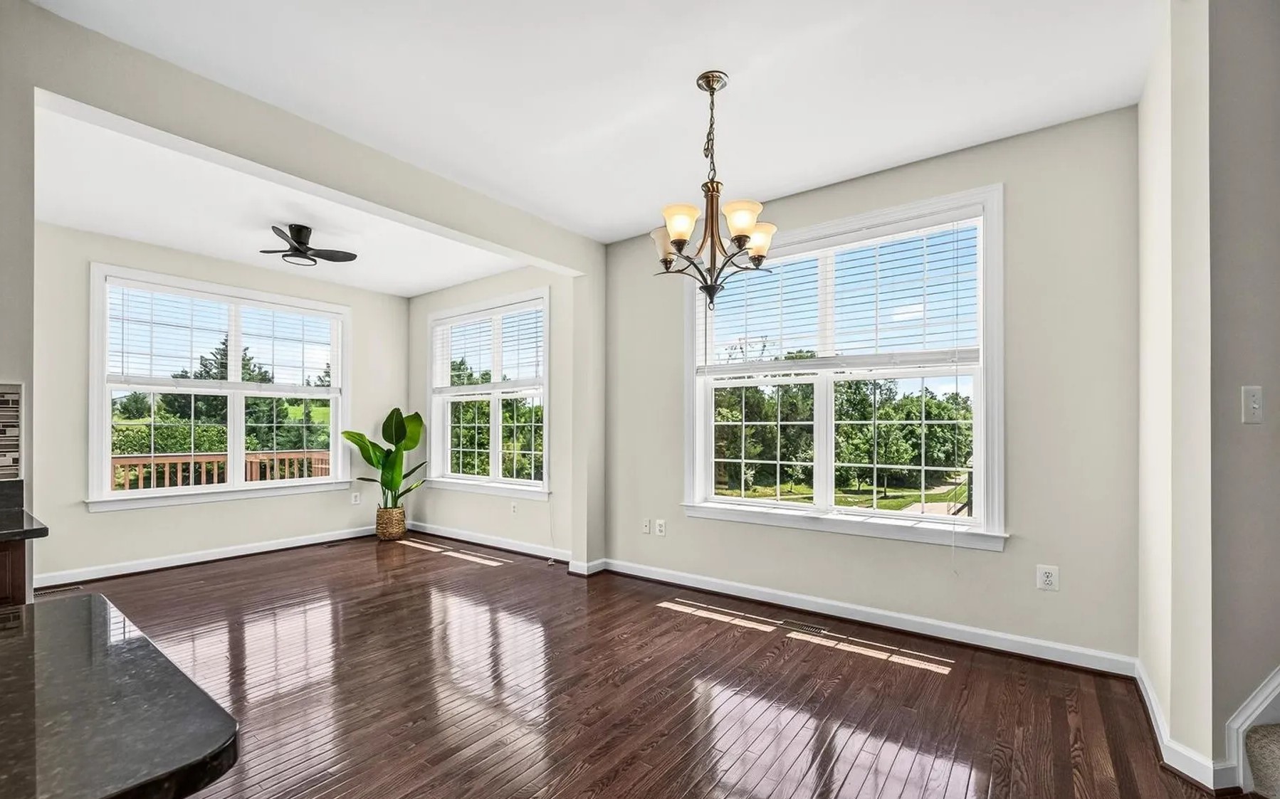 Dining room with glossy hardwood floors, windows and bronze chandelier
