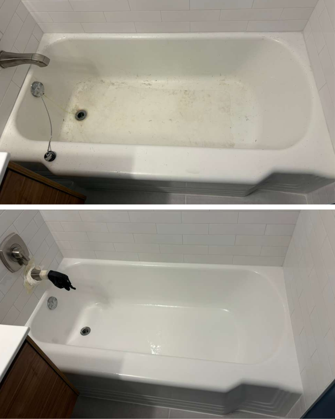 Bathtub reglazing before and after with subway tile surround