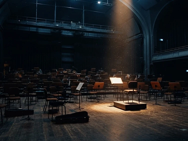 Empty scoring stage lit by a single amber spotlight