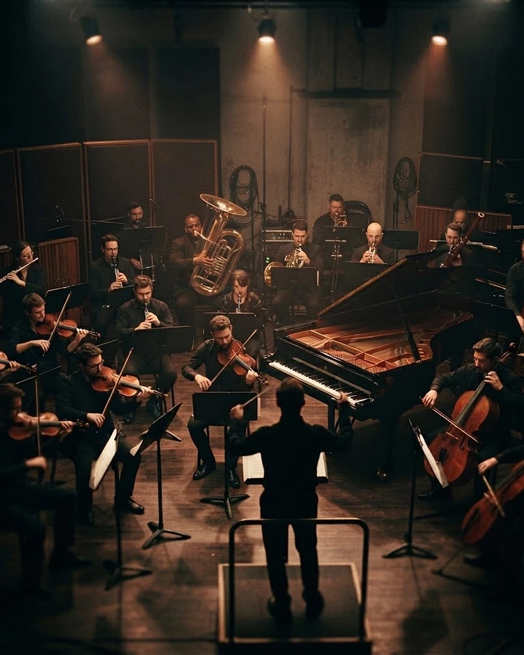 A diverse 20-piece orchestra with a tuba player performing in a dark cinematic scoring studio, lit by warm amber light