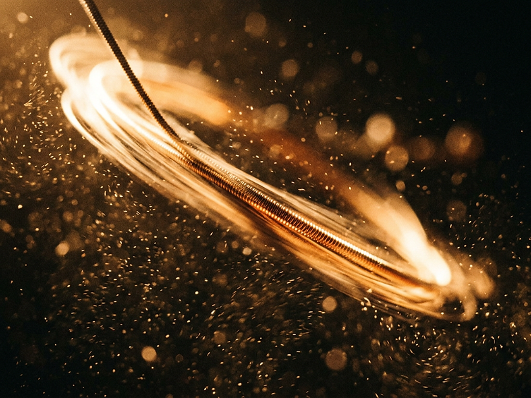 Macro detail of a vibrating violin string lit by warm amber light