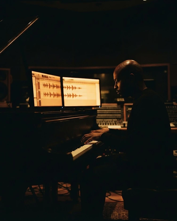 The composer at a grand piano in a dark studio, lit by monitor glow
