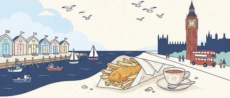 Ilustración de Whitstable, Londres y fish and chips