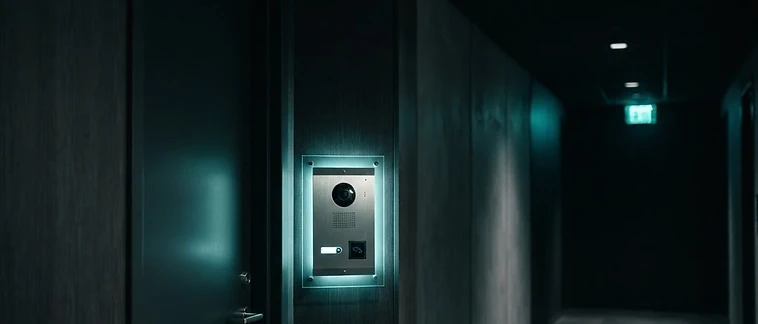 Commercial wall-mounted intercom panel in a modern office hallway with teal accent lighting