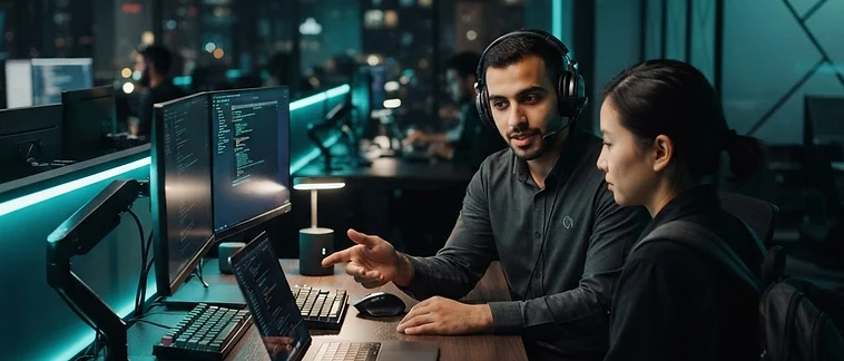 Help desk technician wearing a headset assisting a client in a dark modern office with teal accent lighting
