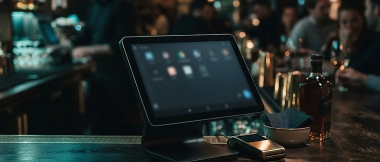 Touchscreen point-of-sale terminal on a restaurant bar counter with moody teal lighting