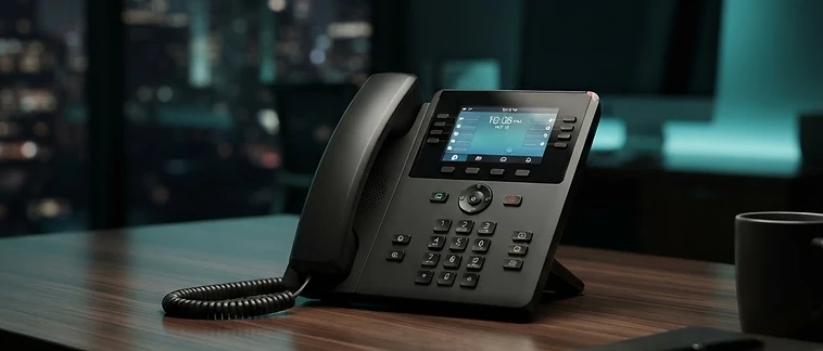 Business VoIP desk phone in a dark modern office with teal accent lighting