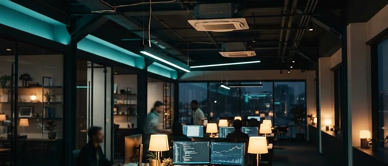Ceiling-mounted business Wi-Fi access point above a modern office at evening with teal accent lighting