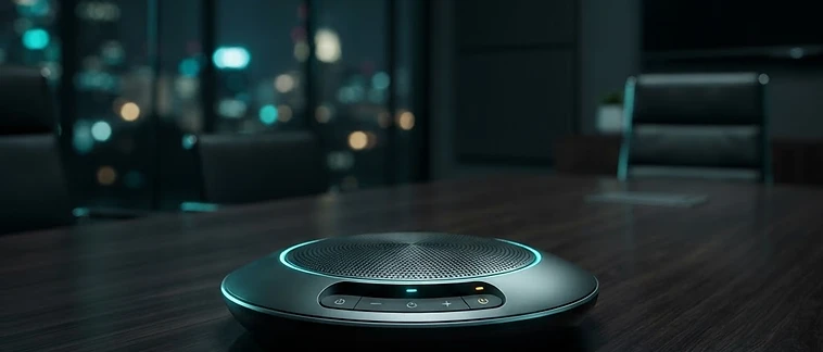 VoIP conference speakerphone on a boardroom table with teal accent lighting