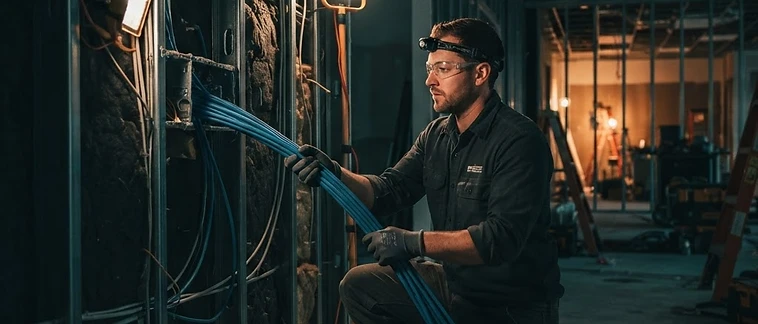 Technician running network cable through an open wall during a commercial office buildout with teal-toned lighting
