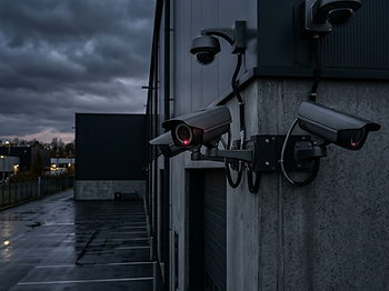 Professional commercial security cameras mounted on a warehouse building at dusk