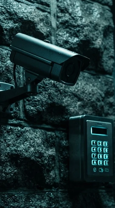 Security camera and access control hardware with cyan lighting