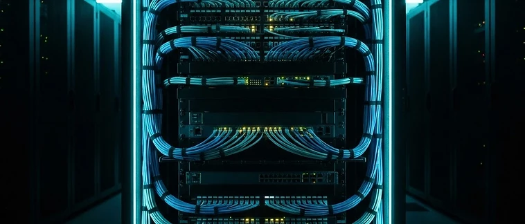 Organized network closet with patch panels and neatly bundled cabling lit by cyan LED lighting