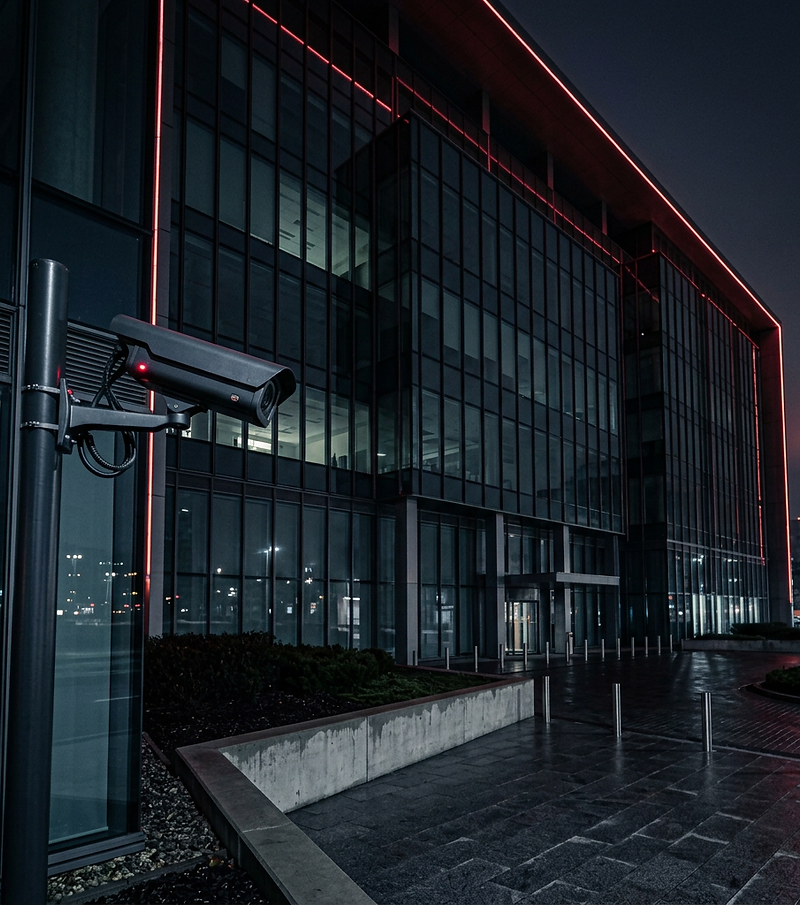 Commercial security camera mounted on a modern office building at night