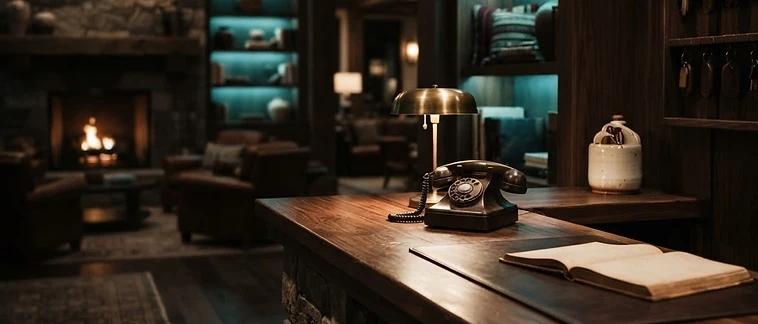 Hotel front desk with telephone in a boutique hotel lobby at night