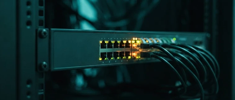 Business-grade network switch with glowing port LEDs in a dark equipment rack with teal ambient lighting