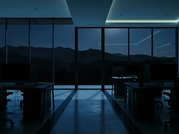 Modern office interior overlooking the Blue Ridge Mountains