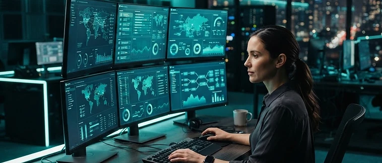 IT technician monitoring systems on multiple screens in a dark office with teal accent lighting