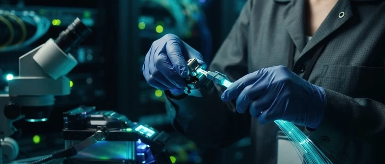 Fiber optic cable strands glowing with transmitted light as a technician terminates a connector, dark cyan-toned environment