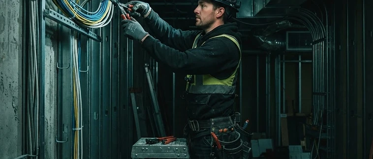 Technician installing low-voltage wiring and conduit in an unfinished commercial construction space with teal-toned work lighting