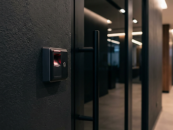 Commercial electronic access control card reader beside an office door