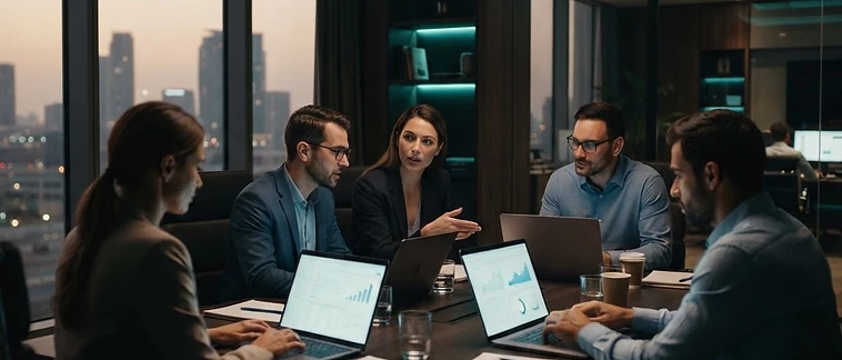 Business team collaborating on laptops in a dark modern conference room with teal accent lighting