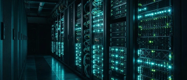 Enterprise backup storage arrays with glowing status lights in a dark server room with teal lighting