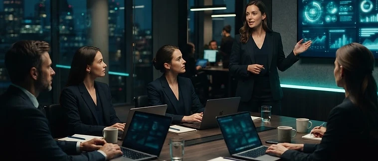 Technology consultant presenting to a small group in a dark modern office with teal accent lighting