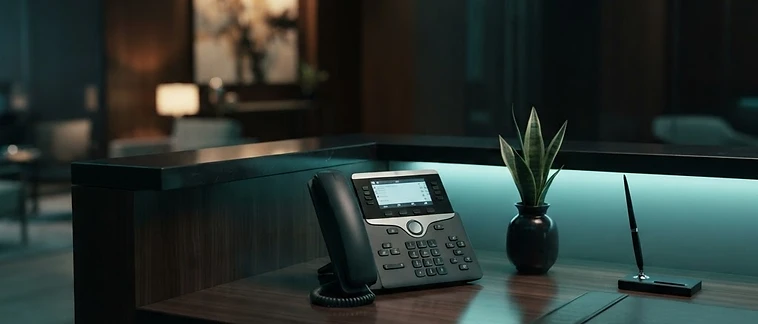 Multi-line office phone on a professional receptionist front desk with teal accent lighting