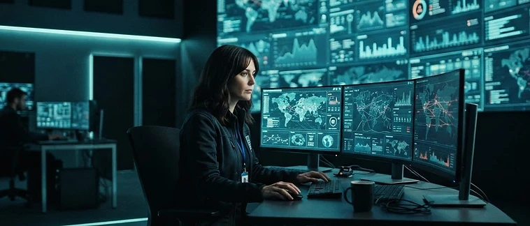 Cybersecurity analyst monitoring security screens in a dark operations center with cyan accent lighting