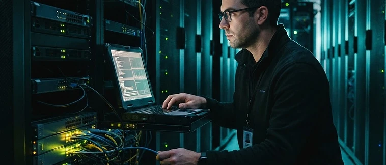 Network engineer troubleshooting a glowing server rack with a laptop, dark server room with teal accent lighting