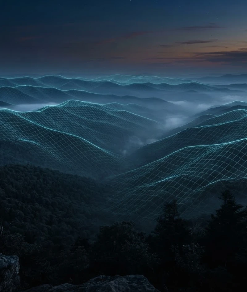 Blue Ridge Mountains at dusk with a digital grid overlay symbolizing IT coverage