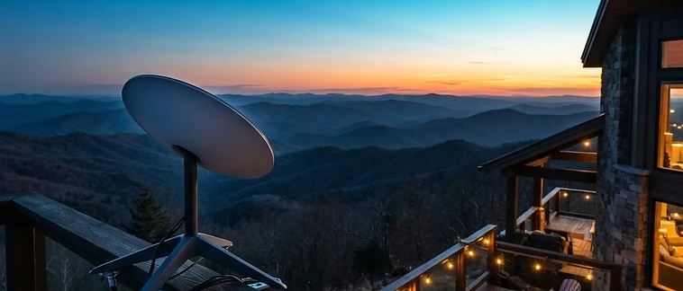 Satellite internet dish on a mountain building roof overlooking Blue Ridge ridges at dusk