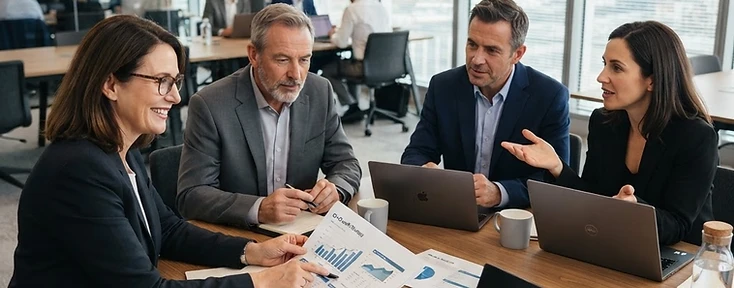 Senior enterprise consultants collaborating around a conference table