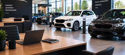 Showroom auto modern cu birou și mașini în fundal