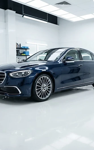 Glossy freshly detailed navy sedan in a bright studio