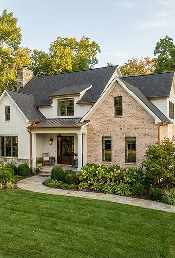 Well-maintained white-sided suburban home with a charcoal roof and manicured landscaping
