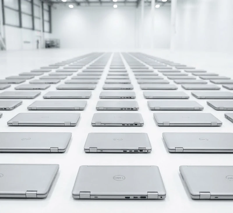 Warehouse of stacked wholesale laptops