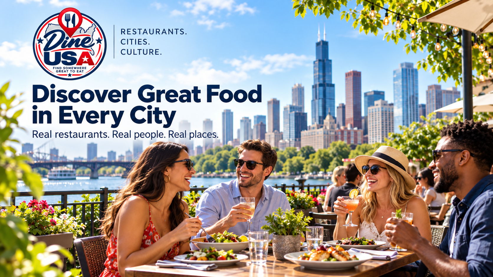 Friends enjoying dinner together on a sunny waterfront patio with a city skyline